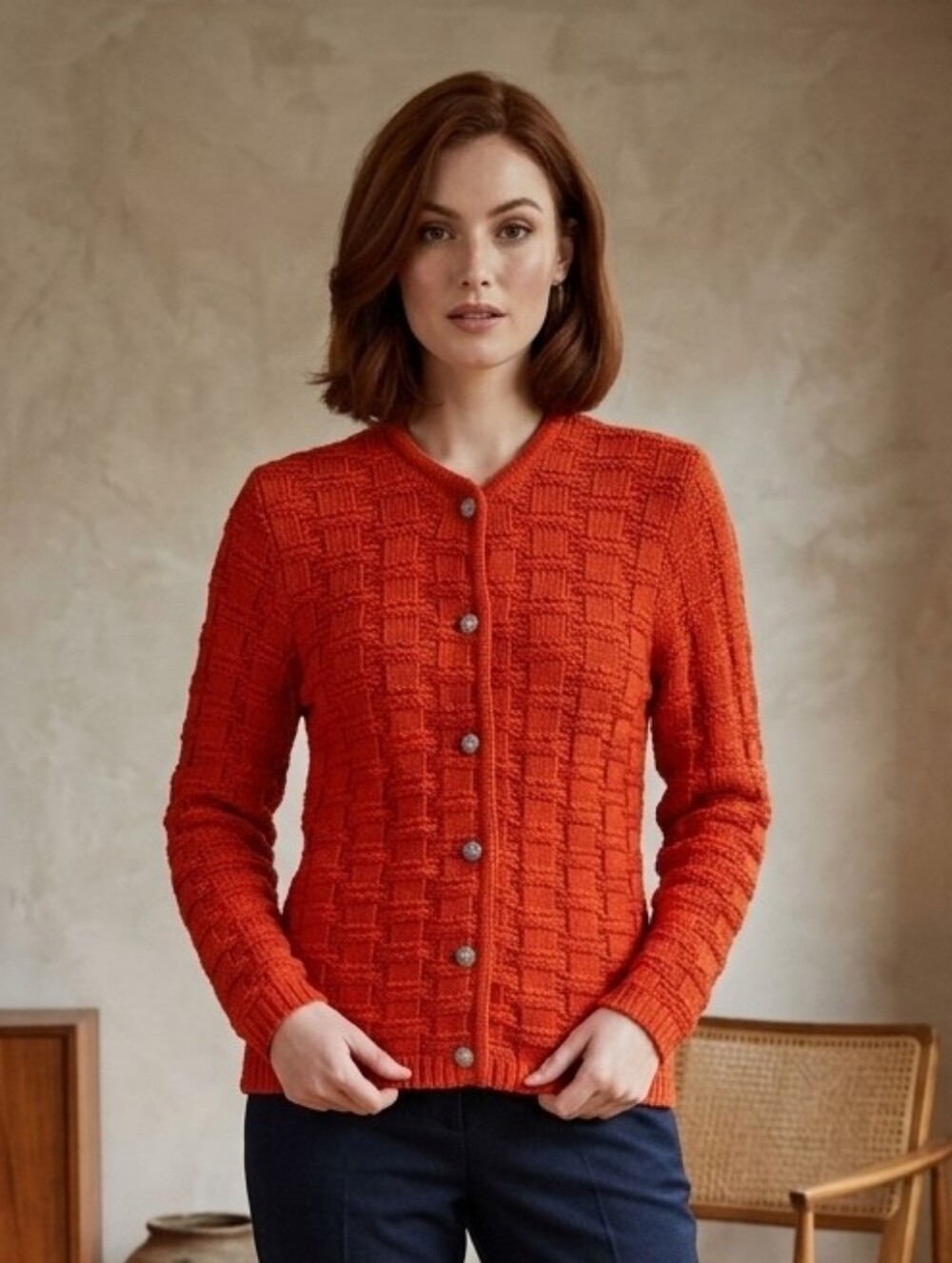 Geiger Vintage Pure Wool Orange Textured Cardigan Cottagecore Quiet Luxury M